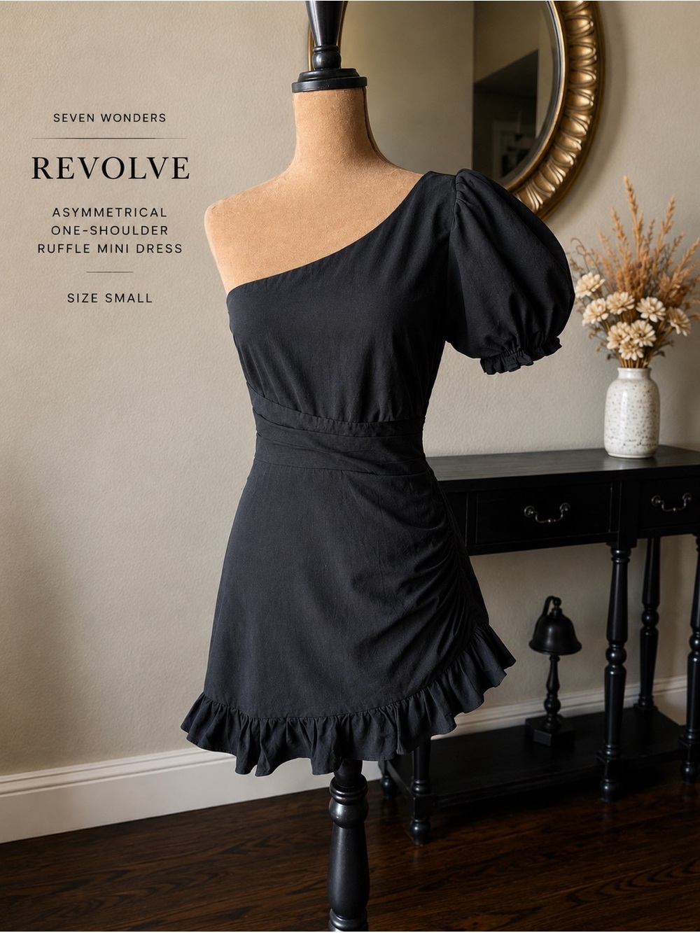 Seven Wonders REVOLVE Asymmetrical One-Shoulder Black Ruffle Mini Dress Cut Out
